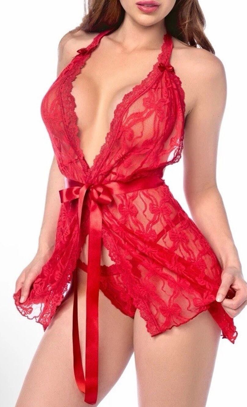 Mapale Bow Lace Babydoll Chemise & Thong Set Sz L/XL NWT